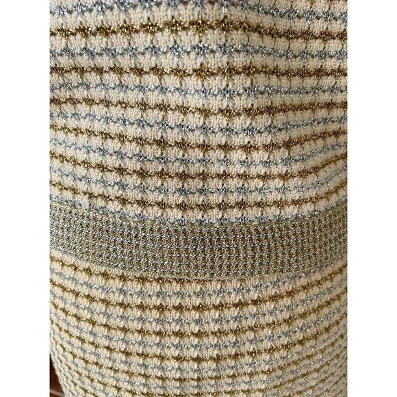 Vintage CISA OF ITALY Knit Cream Skirt Suit, Gold Silver Check Pattern, Size 10